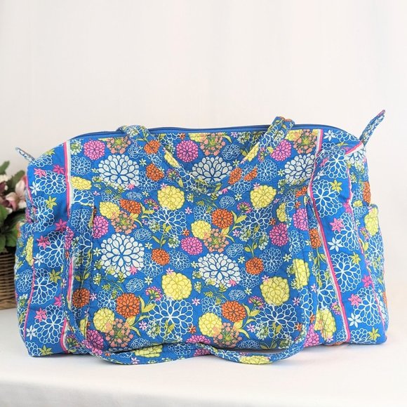 Large Quilted Duffel Fabric Tote Bag 19"x10"x10" Blue Floral Large Carry-On Bag - Picture 1 of 6